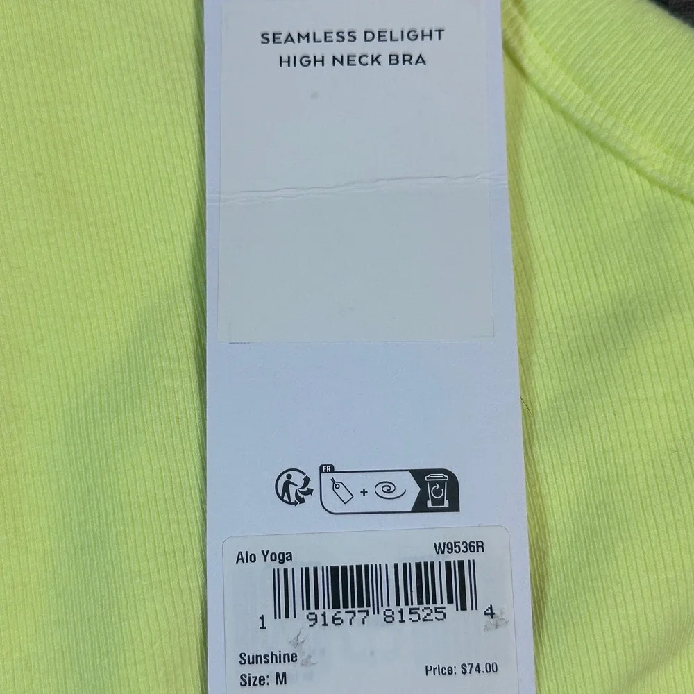 Alo Yoga Seamless Delight High Neck Bra NWT Womens Medium Sunshine Yellow Ribbed